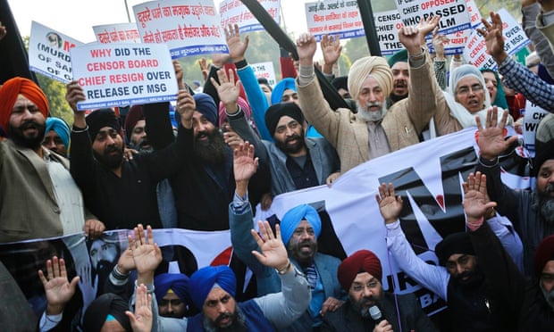 Demonstrators protest against the impending release of MSG: The Messenger of God, the release of which was approved by an appeals board, sparking a crisis in India's censorship organisation.