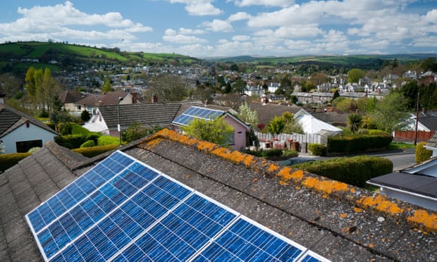 Solar panels on a roof in Totnes, Devon UK