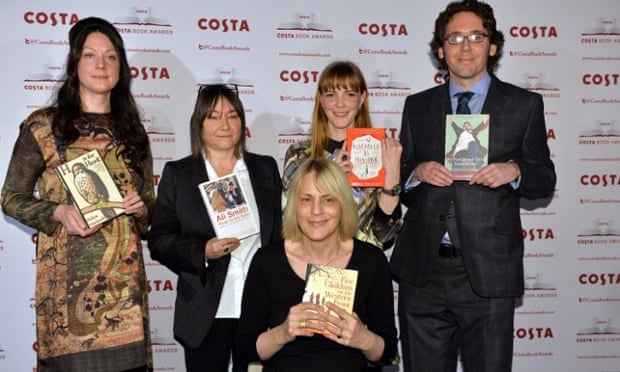 Helen Macdonald (left) poses with other Costa book award nominees, Ali Smith, Emma Healey, Jonathan Edwards and Kate Saunders.