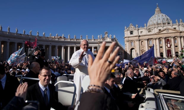 Pope Francis waves to crowds as he arrives on his popemobile for his inauguration Mass in St. Peter's Square at the Vatican, Tuesday, March 19, 2013. Pope Francis urged princes, presidents, sheiks and thousands of ordinary people gathered for his installation Mass on Tuesday to protect the environment, the weakest and the poorest, mapping out a clear focus of his priorities as leader of the world's 1.2 billion Catholics.