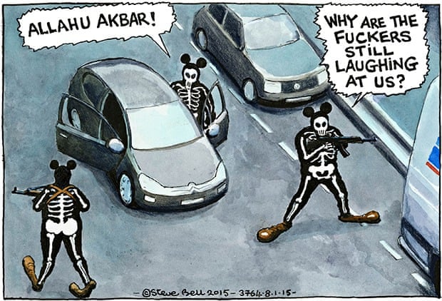 Steve Bell on the Charlie Hebdo attack ~ cartoon