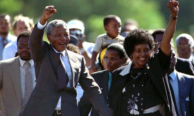 Nelson Mandela and his wife, Winnie, moments after his release from Victor Verster prison on 11 February 1990.