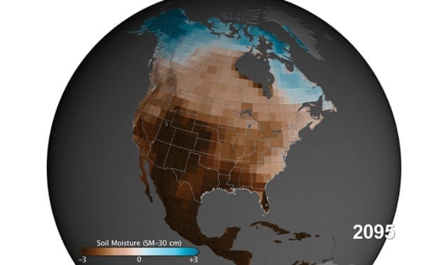 Soil moisture 30 cm below ground projected through 2100 for scenario RCP 8.5, which involves business-as-usual high levels of carbon pollution. Brown is drier and blue is wetter than the 20th century average. Source: NASA’s Goddard Space Flight Center