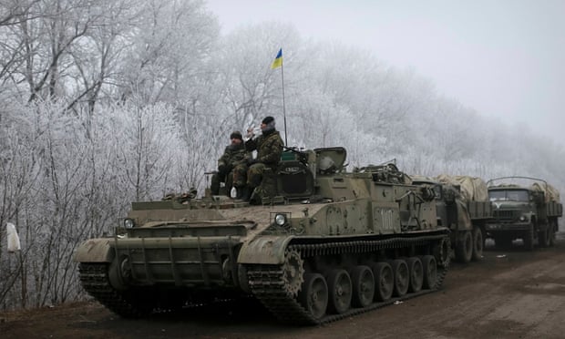 Members of the Ukrainian armed forces are seen not far from Debaltseve, Ukraine.