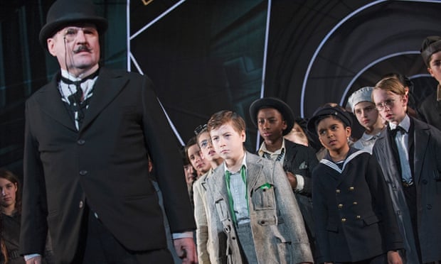 Stuart McQuarrie as Mr Snow and Ethan Hammer as Emil in the National Theatre production of  Emil and the Detectives