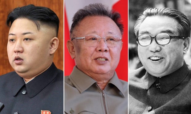 Left to right, Kim Jong-un in January; Kim Jong-il in 2011; and Kim Il-sung, 1976.