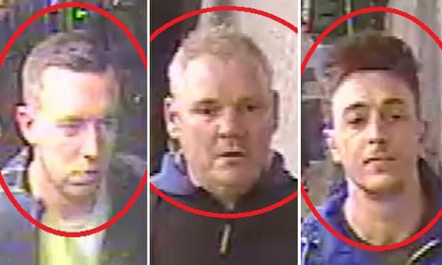 A Metropolitan police handout picture of the three Chelsea fans who prevented a black man from boarding a Métro train in Paris on Tuesday