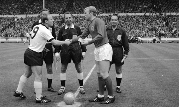 German captain Uwe Seeler shakes hands with England captain Bobby Moore