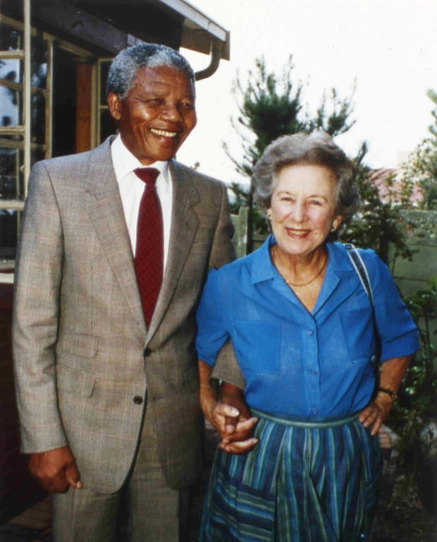 Anti-apartheid activist Helen Suzman in 1990 with Nelson Mandela at his home in Soweto.