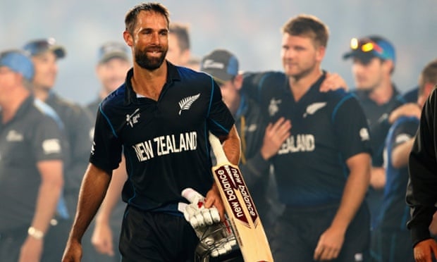 A happy and relieved looking Grant Elliott pictured as the New Zealand celebrate their 4 wicket victory.