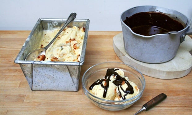 Marizpan ice-cream and salted chocolate fudge sauce.