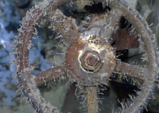 Image taken by Paul Allen showing what Allen's team believes is a valve wheel on the ship