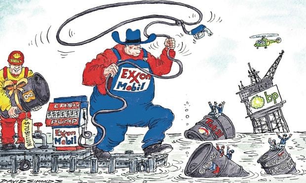 David Simonds cartoon showing oil firms preparing for mergers