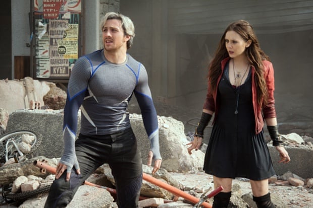 Aaron Taylor-Johnson, left, as Quicksilver/Pietro Maximoff, and Elizabeth Olsen as Scarlet Witch/Wanda Maximoff, in Avengers: Age of Ultron.