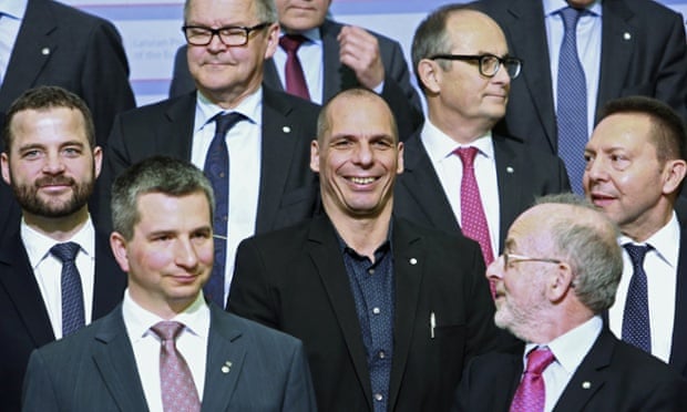 Yanis Varoufakis, centre, and other ministers at the eurozone meeting in Riga, Latvia, on Friday.