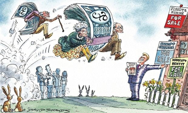 Cartoon by David Simonds showing pensioners jumping queue to buy a house
