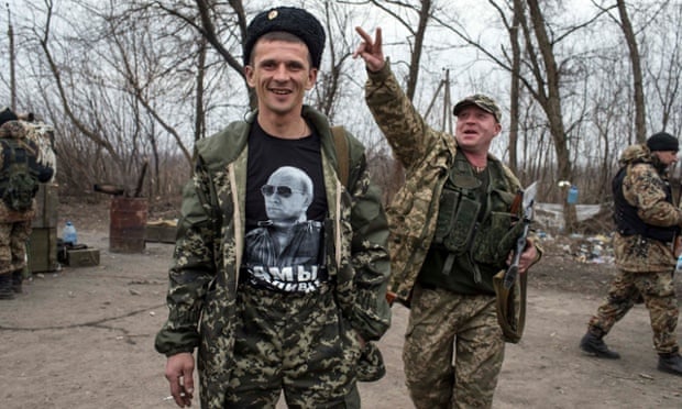 A pro-Russia rebel near Debaltseve wearing a T-shirt showing Russian president Vladimir Putin