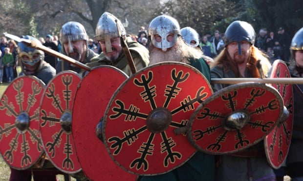 On the warpath … Viking re-enactors from the Jorvik centre try to strike the right tone.