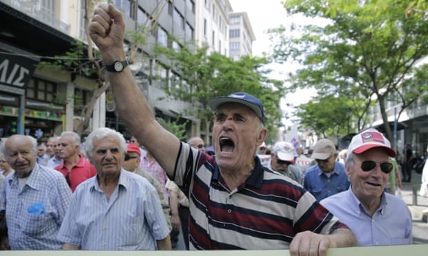 Pensioners chant anti-austerity slogans during a protest in central Athens. Greece has spent the last four months wrangling with Brussels and the IMF following the election of the anti-austerity Syriza party in January.
