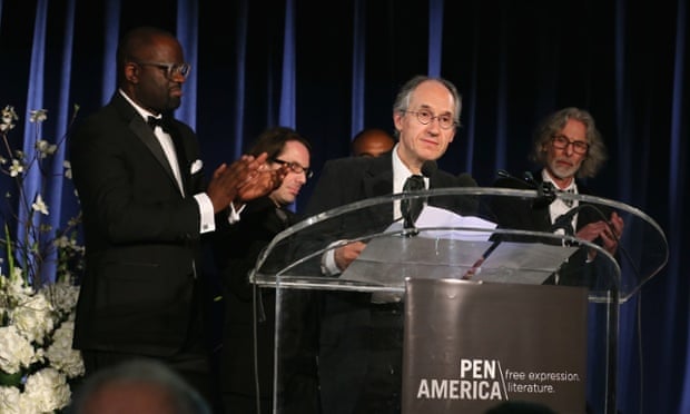 Charlie Hebdo editor-in-chief Gerard Biard accepts his magazine's award at PEN America.