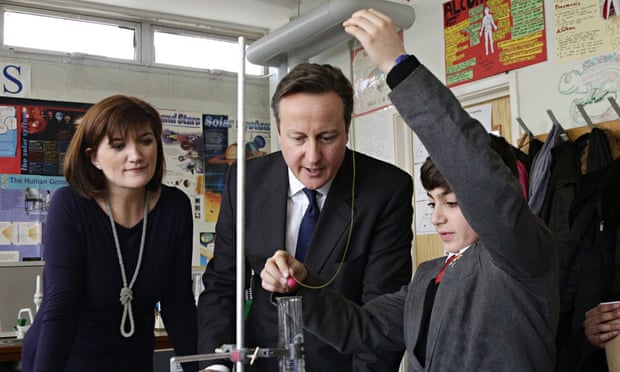 Science trumps the arts? Education secretary Nicky Morgan with PM David Cameron in a science classro
