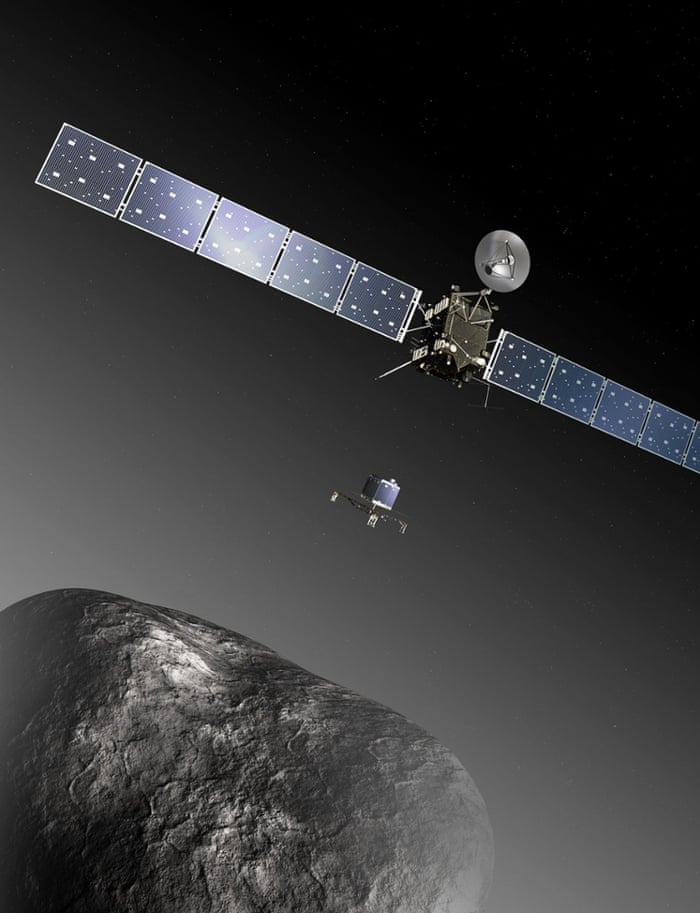 Rosetta and Philae at comet Artist   s impression of the Rosetta orbiter deploying the Philae lander to comet 67P/Churyumov   Gerasimenko. The image is not to scale; the Rosetta spacecraft measures 32 m across including the solar arrays, while the comet nucleus is thought to be about 4 km wide