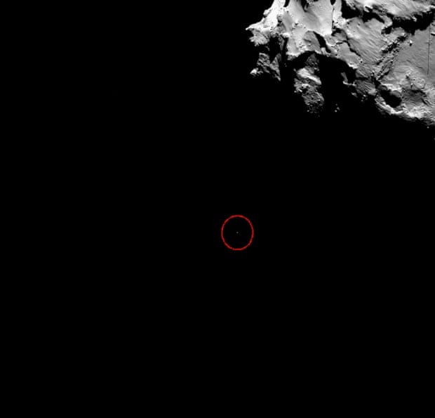 This OSIRIS wide-angle camera image shows the position of Rosetta's lander Philae (circled) at 14:19:22 GMT (onboard spacecraft time).Separation occurred onboard the spacecraft at 08:35 GMT (09:35 CET), with the confirmation signal arriving on Earth at 09:03 GMT (10:03 CET).The signal confirming touchdown arrived on Earth at 16:03 GMT (17:03 CET).