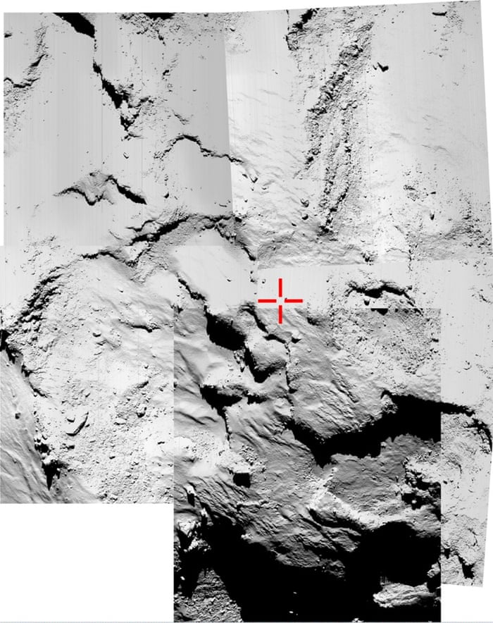 This five-image montage of narrow-angle images taken by the OSIRIS camera is being used to try to identify the final touchdown location of Philae. The images were taken around the time of landing on Wednesday when Rosetta was about 16 kilometres from the surface of Comet 67P/Churyumov-Gerasimenko. 