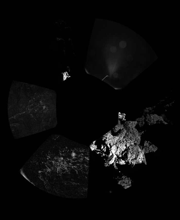 First comet panoramic Rosetta   s lander Philae has returned the first panoramic image from the surface of a comet. The view, captured by the CIVA-P imaging system, shows a 360   view around the point of final touchdown. Parts of Philae   s landing gear can be seen in some of the frames. Confirmation of Philae   s touchdown on the surface of Comet 67P/Churyumov   Gerasimenko arrived on Earth at 16:03 GMT/17:03 CET on 12 November. Credit: ESA/Rosetta/Philae/CIVAfromme