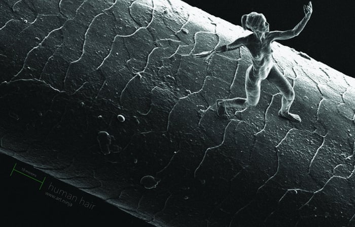 A nanosculpture  of a female figure approximately 80 x 100 x 20 microns