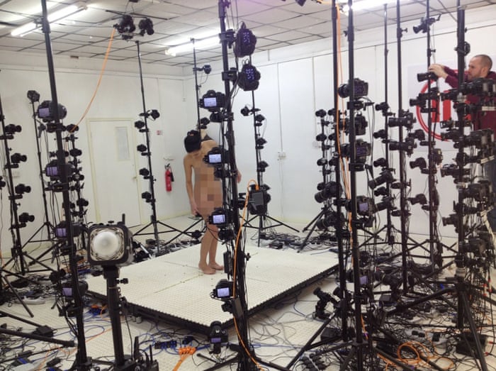 The sculptures begin with a scan of the models in a warehouse with over 200 cameras shooting at the same instant