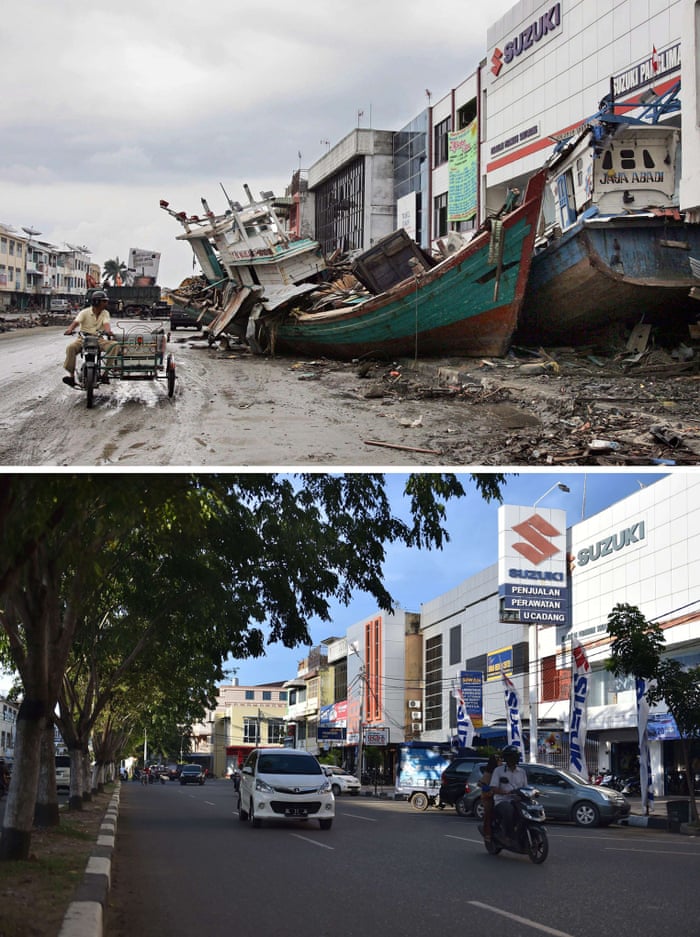 This combo shows a file photo (top) taken on January 8, 2005 of two fishing boats beside a commercial building in Banda Aceh, in Aceh 