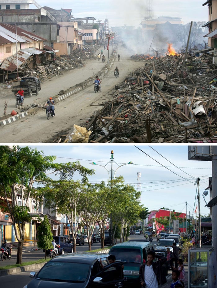 This combo shows a file photo (top) taken on January 9, 2005 of a street cleared but with huge pile of debris on either side, in Meulaboh in Aceh province, located on Indonesia's Sumatra island where surrounding houses and buildings were heavily damaged and coastal villages wiped out in the aftermath of the massive December 26, 2004