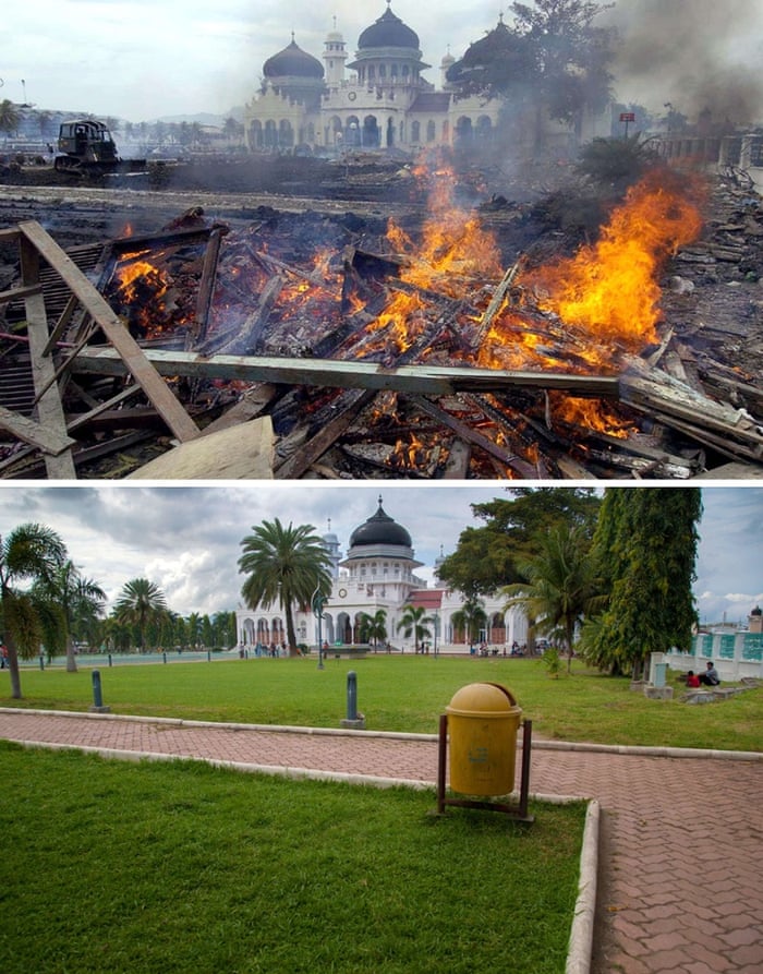 This combo shows a file photo (top) taken on December 30, 2004 of workers burning debris as they clean up downtown Banda Aceh