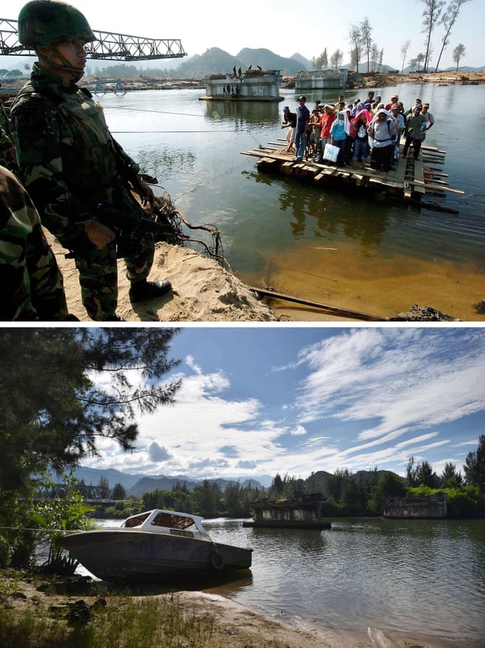 This combo shows a file photo (top) taken on January 23, 2005 of residents using an improvised raft to cross a river as an Indonesian soldier guards the area in Lhoknga in Aceh province,