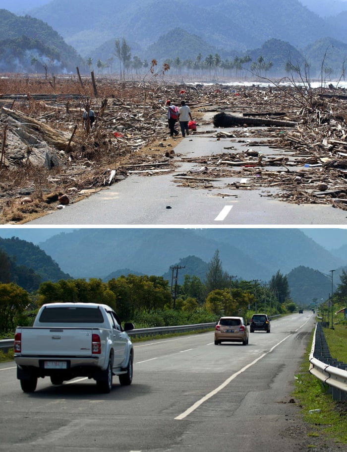 This combo shows a file photo (top) taken on January 9, 2005 of the impassable main coastal road covered with debris in Aceh Besar district,