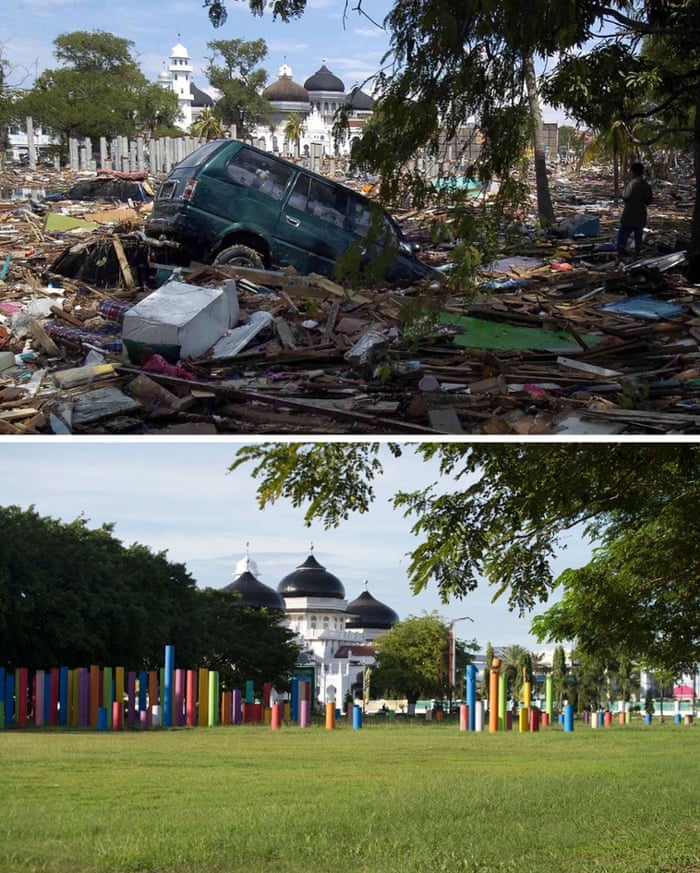 This combo shows a file photo (top) taken on December 27, 2004 of heavy debris spread across the grounds of Banda Aceh's Baiturrahaman mosque in Aceh province, located on Indonesia's Sumatra island where surrounding houses and buildings were heavily damaged