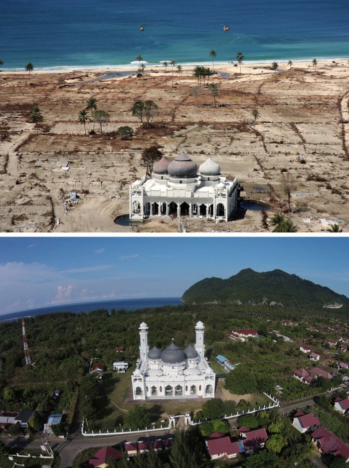 This combo shows a file photo (top) taken with a telephoto lens on January 16, 2005 of a partly damaged mosque in the Lampuuk coastal district of Banda Aceh where surrounding houses were wiped out in the aftermath of the massive December 26, 2004 tsunami trigerred