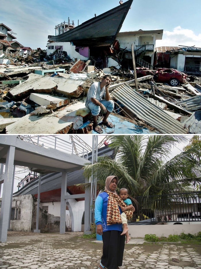 This combo shows a file photo (top) taken on January 15, 2005 of a boat on top of a destroyed house in Banda Aceh, Aceh province, on Indonesia's Sumatra island where surrounding houses and buildings were heavily damaged and coastal villages