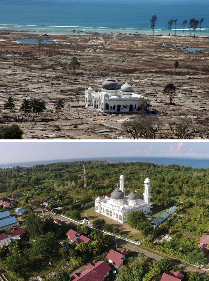 This combo shows a file photo (top) taken with a telephoto lens on January 16, 2005 of a partly damaged mosque in the Lampuuk coastal district of Banda Aceh