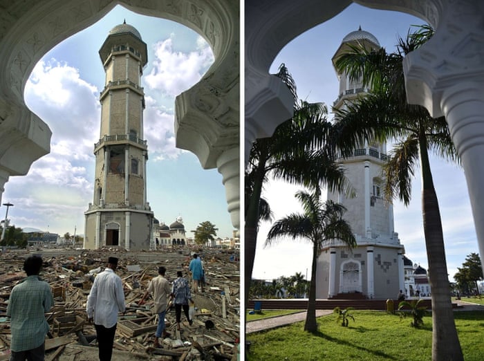 This combo shows a file photo (top) taken on December 28, 2004 of debris scattered across the grounds of Banda Aceh's Baiturrahaman mosque in Aceh province