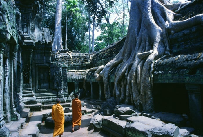 Monks in Angkor's Ta Prohm temple.