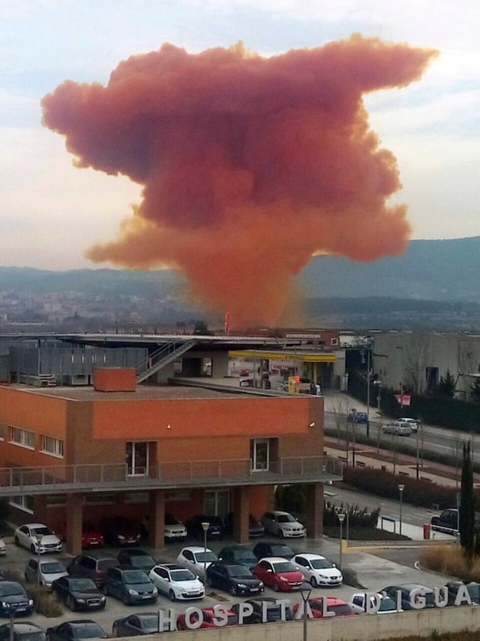 Igualada, Spain A toxic orange cloud spread after a chemical explosion at a warehouse in the Spanish north-eastern Catalonian town of Igualada. The blast occurred when products delivered to a warehouse became mixed and exploded setting a truck on fire