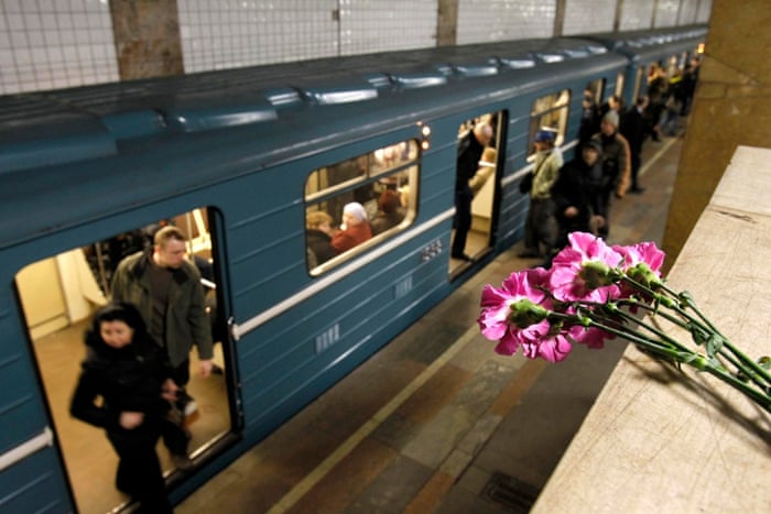 Flowers left in memory of the victims of a bomb explosion at Park Kultury metro station in March 2010. Two female suicide bombers killed 40 people in rush-hour attacks there and at Lubyanka. They were the first bombings on the metro since 2004, when 41 people were killed by a suicide bomber in February and 10 more died in a blast in August.