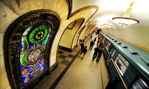 Novoslobodskaya metro station on the Moscow metro, one of the most heavily used underground transport systems in the world. Russia