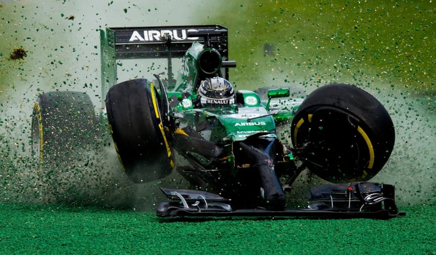 March 16: Kamui Kobayashi of Caterham crashes wildly after colliding with into Felipe Massa during the Australian Formula One Grand Prix at Albert Park in Melbourne