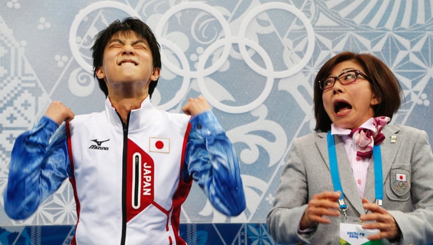 13 February: Japan’s Yuzuru Hanyu and his figure-skating coach Yoshiko Kobayashi reacted with delight during the Figure Skating Men’s Short Program at the Sochi 2014 Winter Olympics