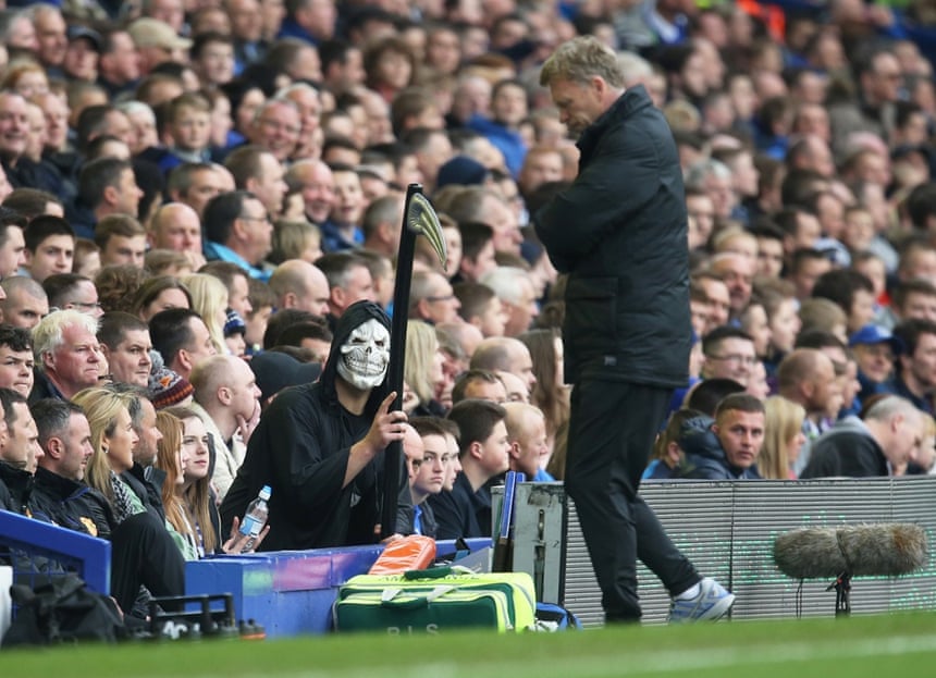 <strong>20 April:</strong> Beleaguered Manchester United manager David Moyes is mocked by a man dressed as the Grim Reaper at Goodison Park