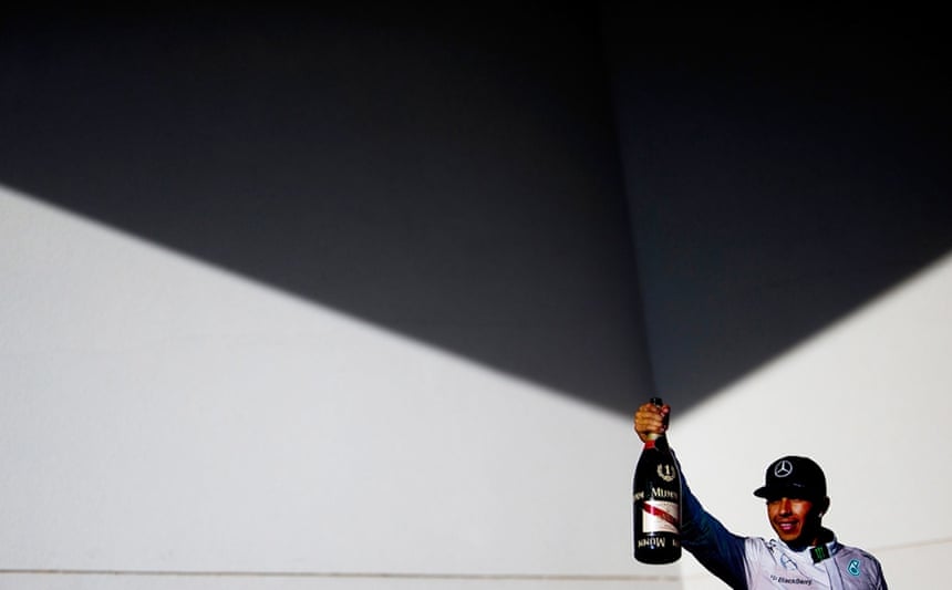 2 November: Lewis Hamilton of Mercedes celebrates on the podium after winning the United States Formula One Grand Prix at Circuit of The Americas in Austin, USA