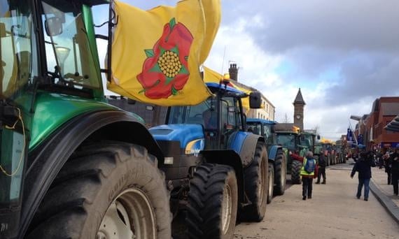 Tractors in a protest outside a Lancashire County Council planning meeting on fracking applications by Cuadrilla.